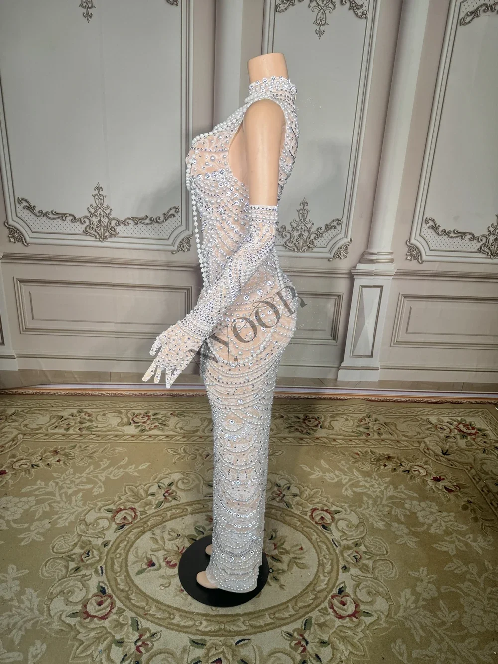 Sparkly Rhinestones Pearls Chains Long Dress Gloves for Women Elegant Evening Birthday Celebrate Wedding Photo Shoot Dresses