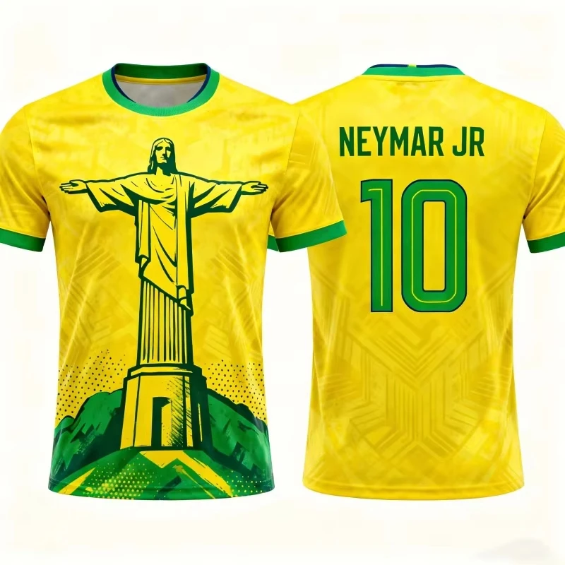 Latest Neymar No.10 Brazil Themed Jersey, Christ The Redeemer 3D Printed Sports Casual T-shirt