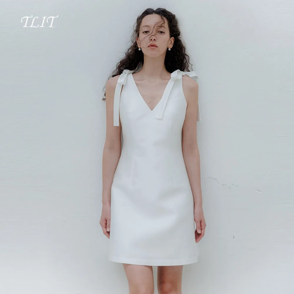 Tlit simples branco seda cetim a linha vestidos de casamento personalizado laço com decote em v vestidos de noiva coreia vestidos de casamento fotos sessão