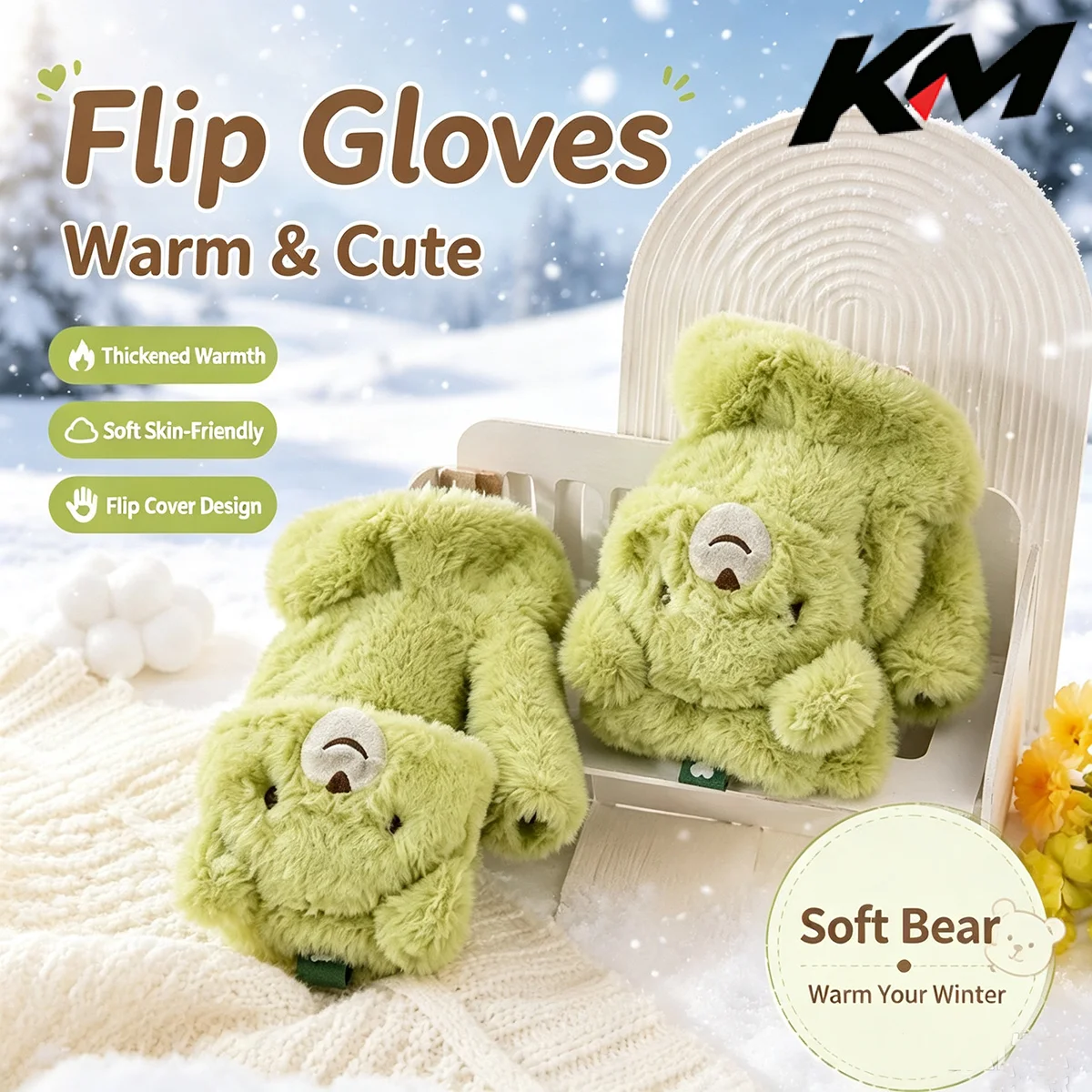 Winter Warm Furry Gloves for Girls and Women Cute Korean Green Bear Design Thick Plush Flip Cuff Hand Warmers