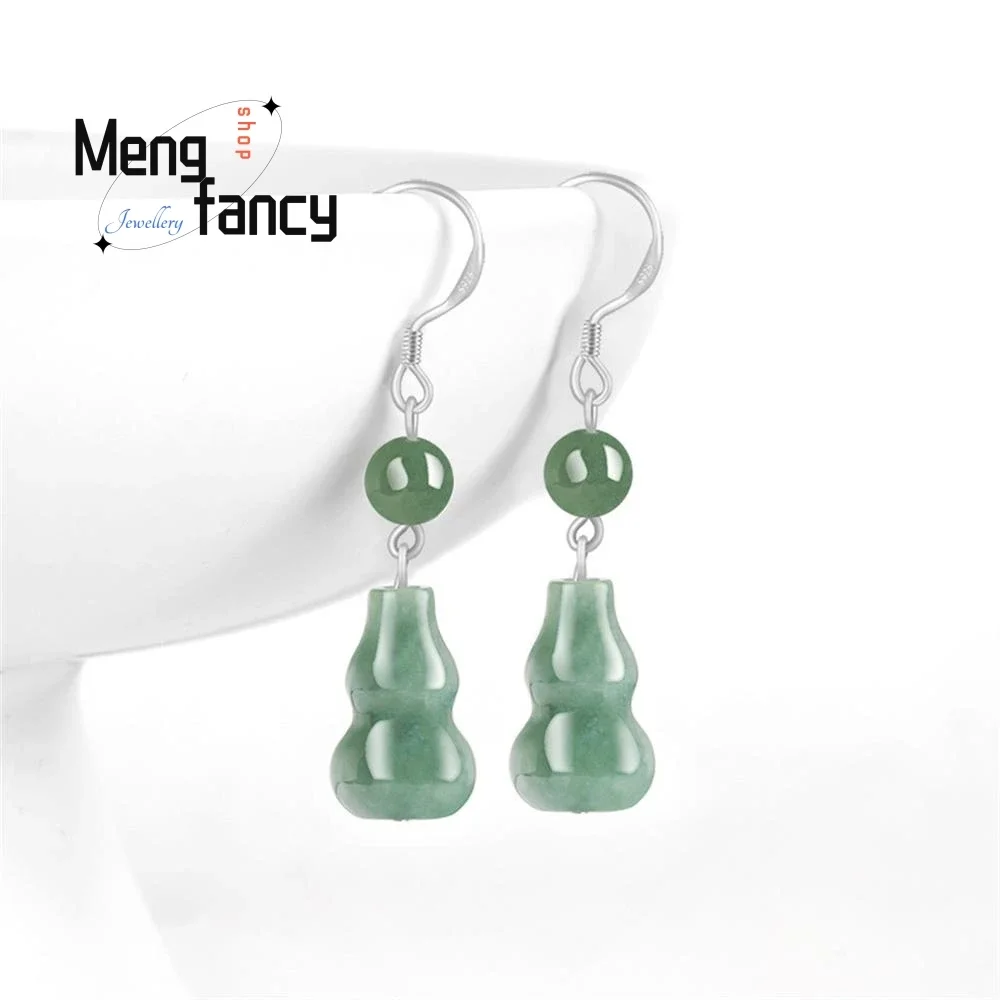 

Natural A-goods Jadeite Bean Green Gourd Jade Earrings S925 Silver Inlay Exquisite Fashion Jewelry Best Selling Holiday Gift