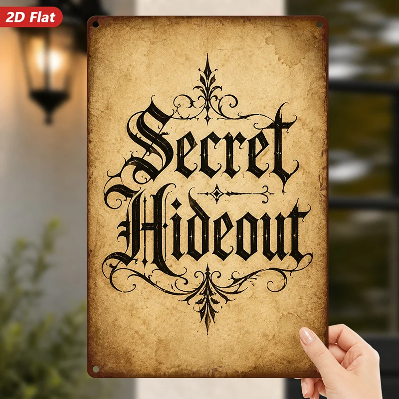 2D Flat, 1pc Secret Hideout Metal Sign Wall Art, Vintage Parchment Background, Ornate Black Flourishes, Suitable for Study Studi