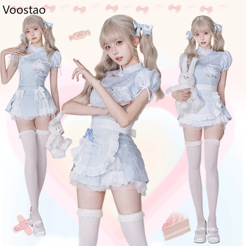 New Chinese Style Vintage Lolita Mini Dress Sets Women Elegant Cute Cartoon Print Apron Mini Dresses Female Y2k Cheongsam Dress