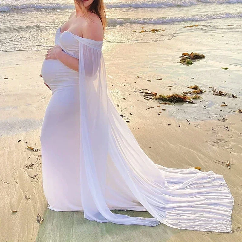 

Maternity Photography Dresses Elegant Off Shoulder Chiffon Flare Cape Sleeve Maxi Gowns Dresses for Pregnant Women Photoshoot