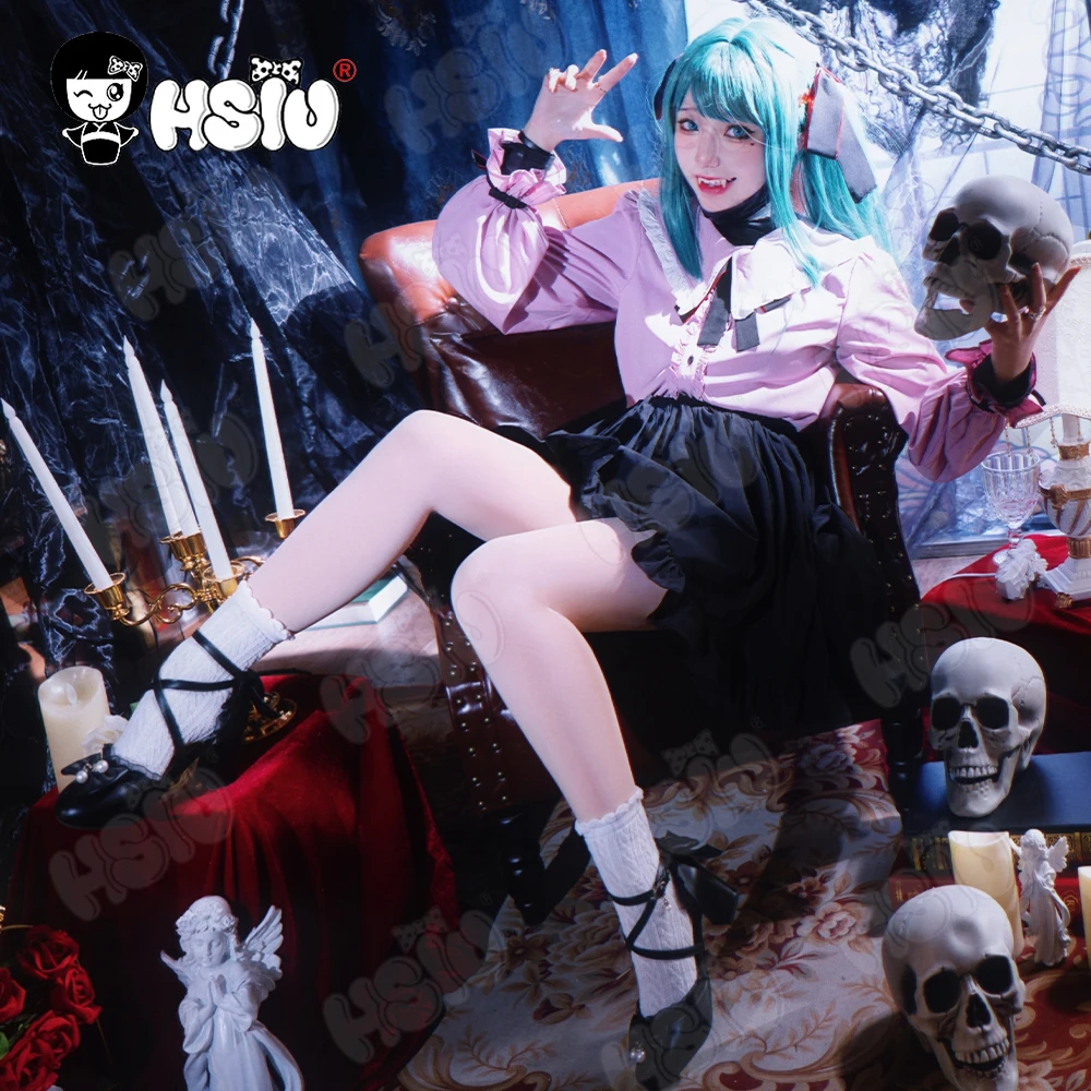 Vampire Miku Cosplay Costumes  Wig Cute Vampire Costume HSIU 45CM Blue-green double ponytail short hair Pink kawaii dress