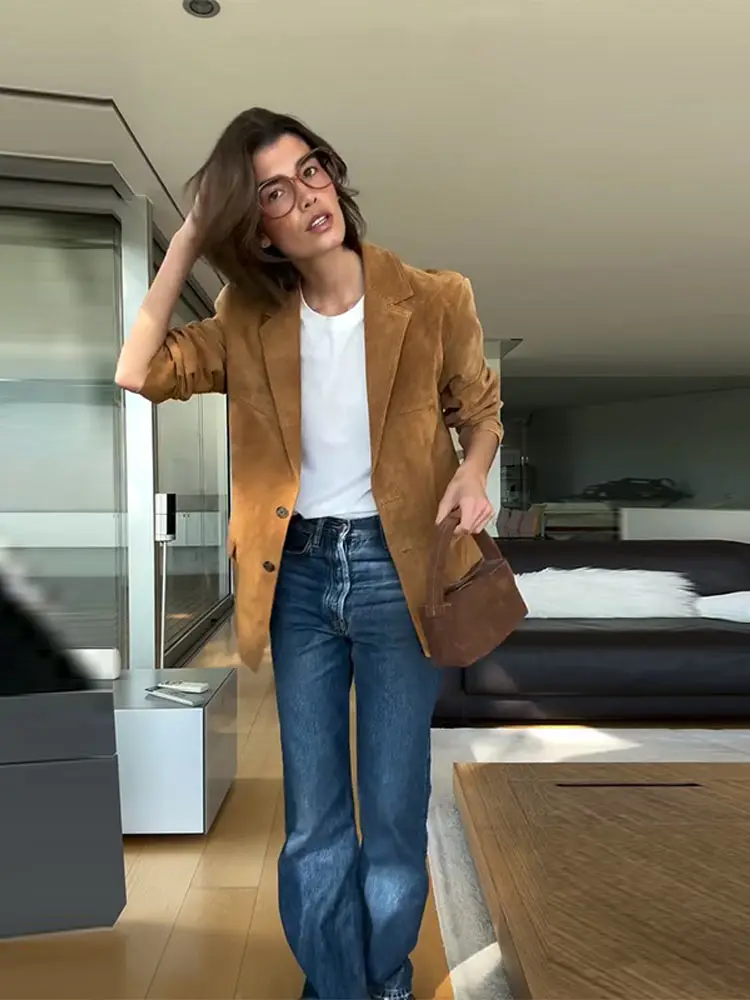 Vintage Kaki Suede Vrouwen Jas Mode Revers Enkele Breasted Zakken Losse Jassen 2025, Lente Nieuwe Straat Kantoor Dame Outerwears