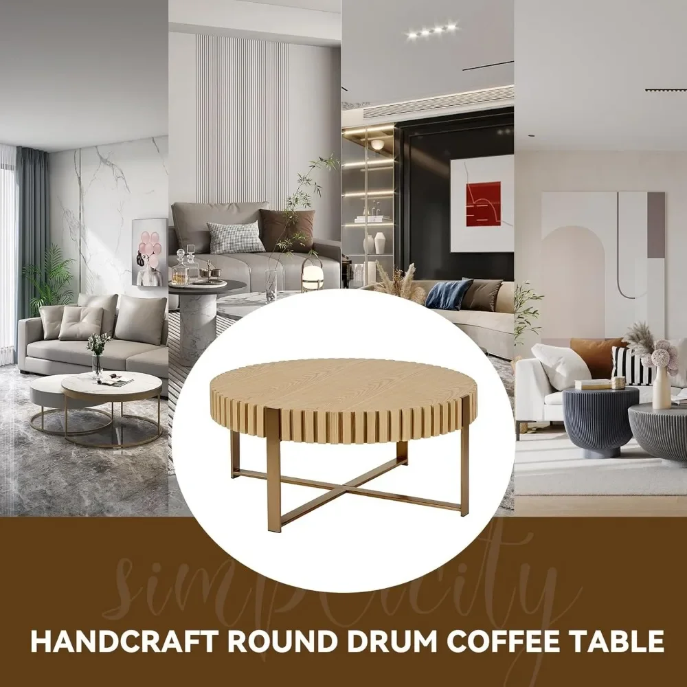 31.5'' Round Coffee Table Modern Solid Wood Handcraft Drum Wooden  Coffee Table Stainless Steel Legs Sturdy Pedestal Tea Table