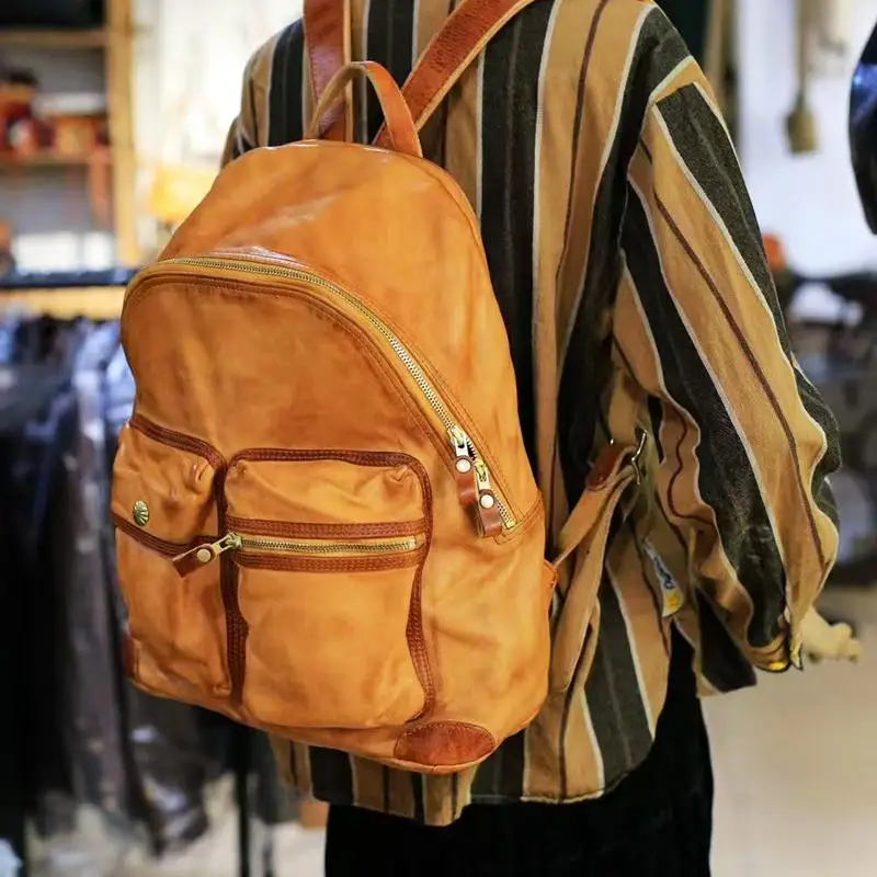 Outdoor Travel Designers Handmade Genuine Leather Large-Capacity Men's Backpacks Vintage Luxury Cow Leather Laptop Schoolbags