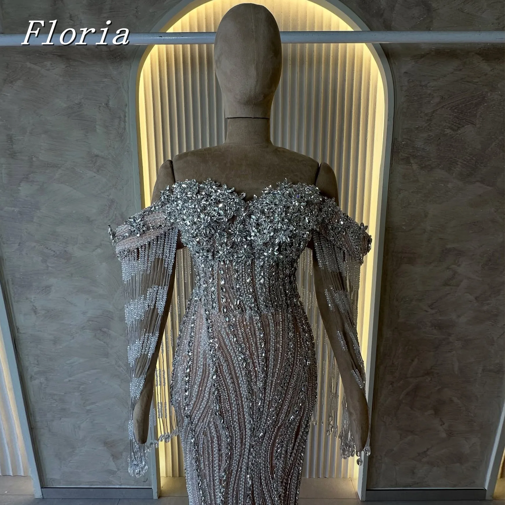 

Heavy HandMade Beading Crystals OFF The Shoulder Mermaid Evening Dresses Tassels Cap Sleeves Formal Occasion Dress Customized