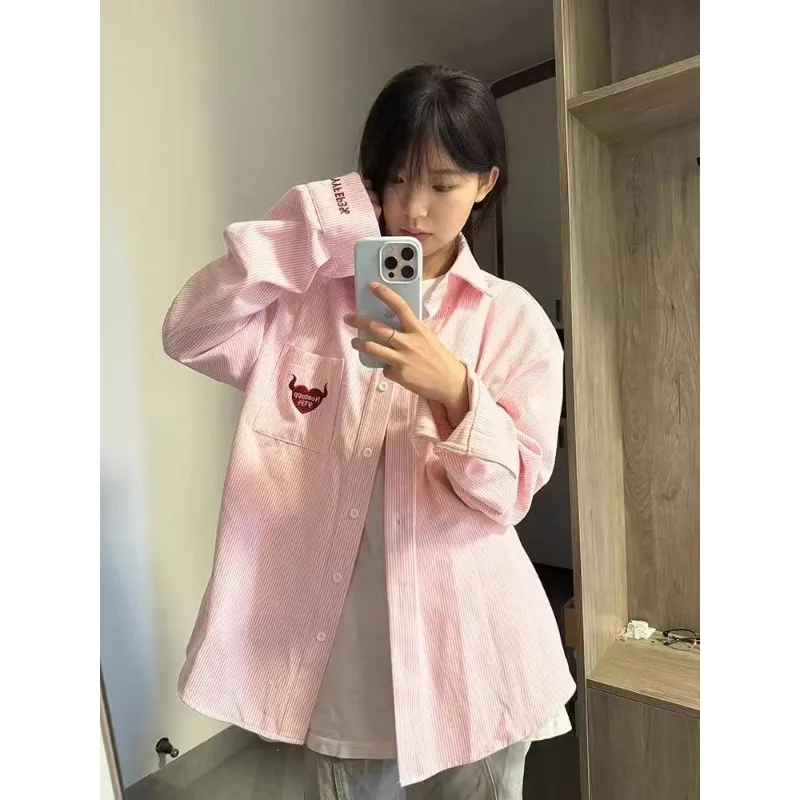 

American Korean Style Polo Collar Striped Shirt for Women Spring and Autumn Embroidered Jacket Top