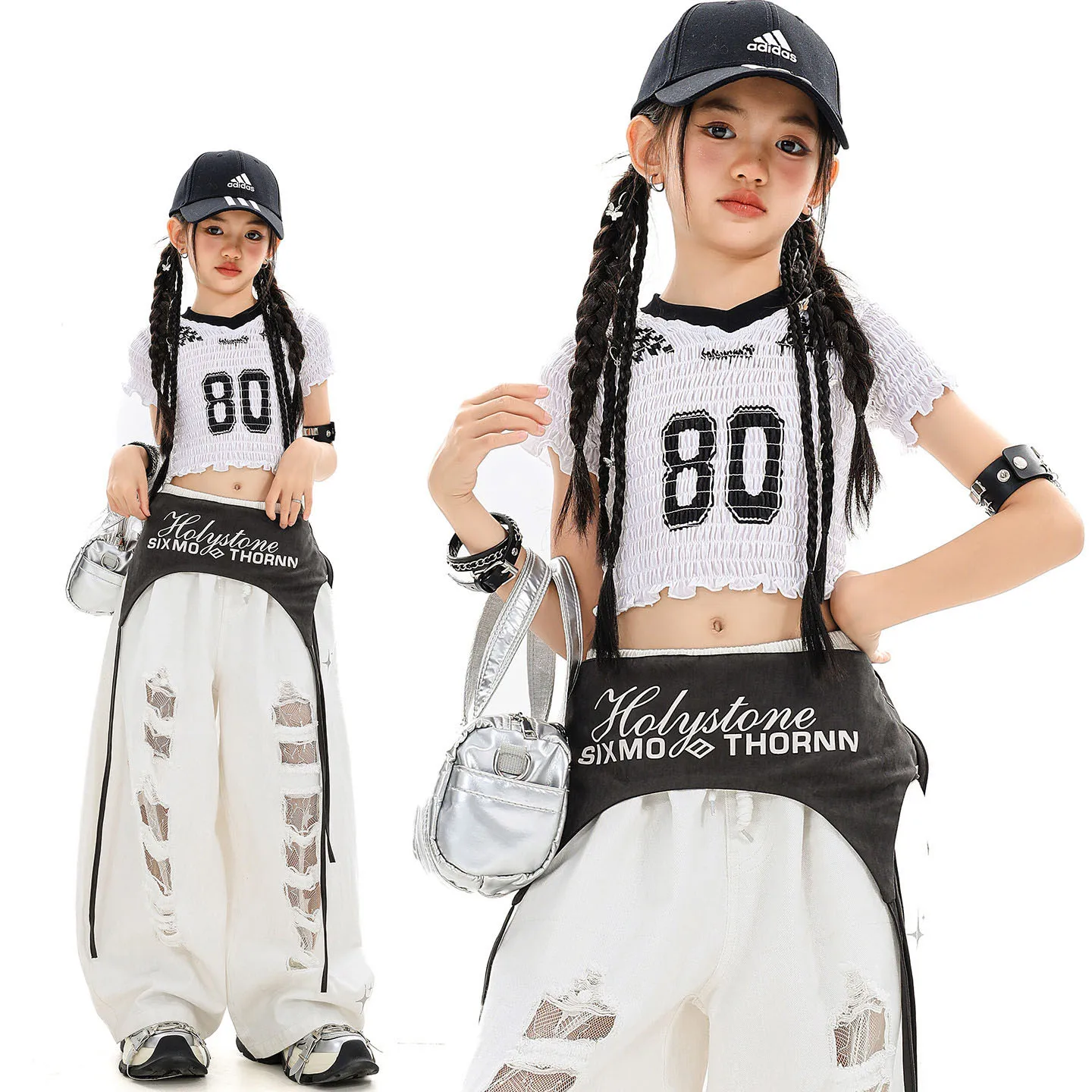 

Kid Kpop Hip Hop Clothing White Ruched Crop T Shirt Top Casual Wide Distressed Ripped Sweat Pants for Girl Dance Costume Clothes