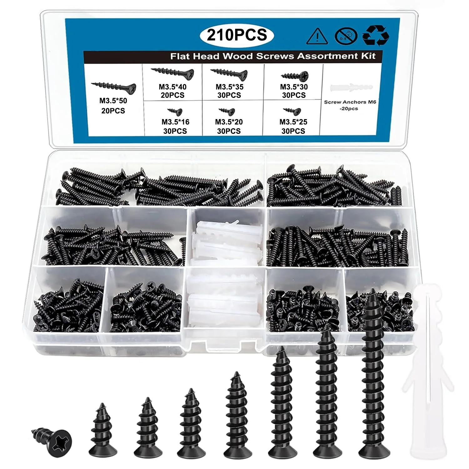 210Pcs M3.5 Mini Wooden Screws Set Black Cross Drive Flat Head Self-Tapping Screws Short Nails for DIY Crafts And Woodworking