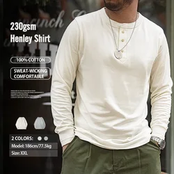 Maden camicia Henley a maniche lunghe per uomo t-Shirt Basic Beige con colletto tondo dal Design classico a tre bottoni t-Shirt sottili autunnali maschili