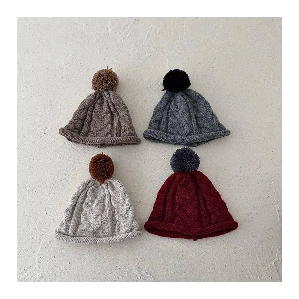 

MILANCEL New Winter Kids Hat 1-7T Solid Color Fur Ball Children Ear Protection Hat 4 Colors Rolled Edge Girls Knit Cap