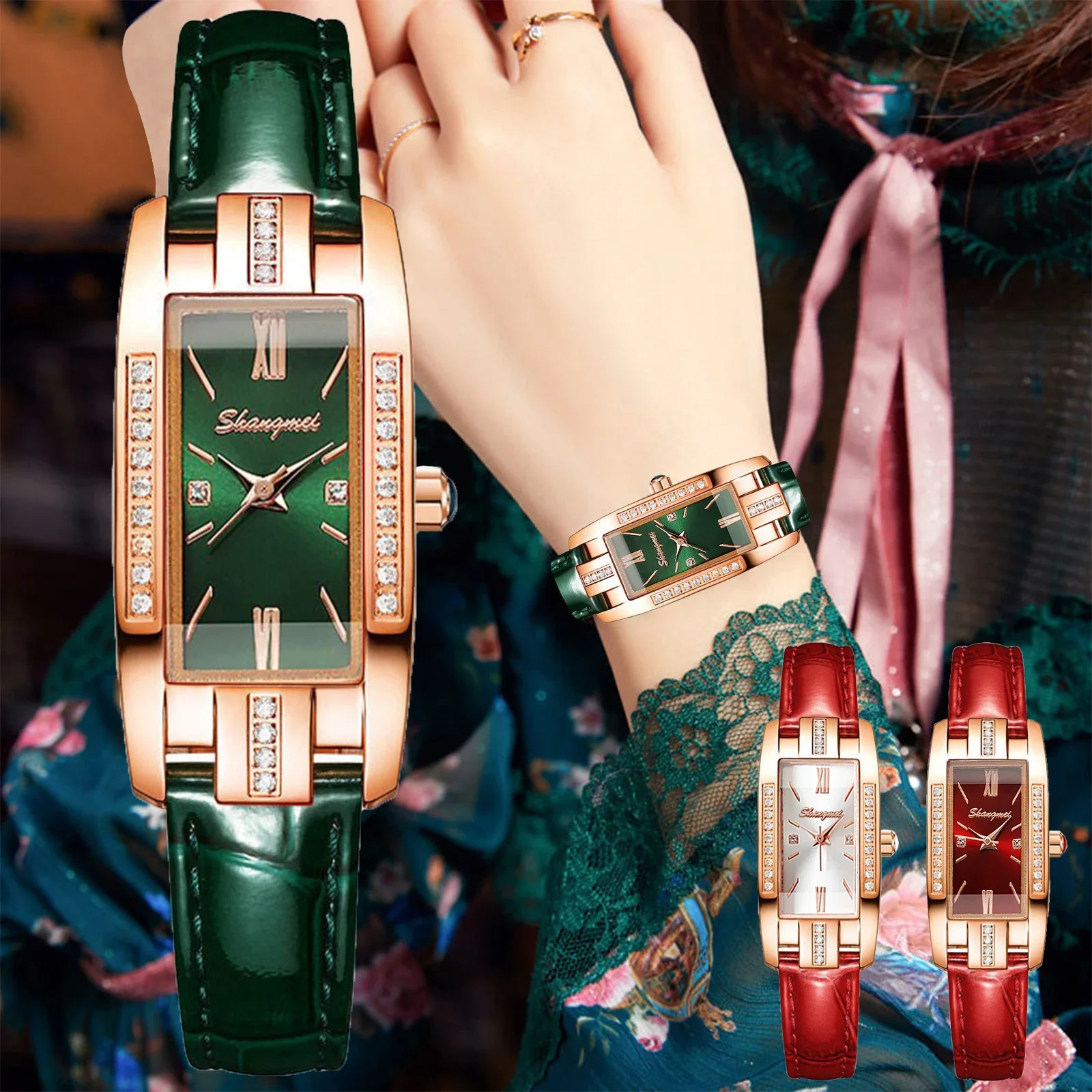 AAASmall Rectangle Crystal Ladies Watch Rose Gold Roman Dial Glossy Leather Strap Women Elegant Dress Quartz Wristwatch