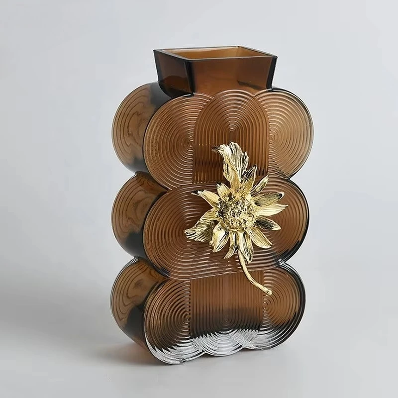 &c Irregular Spiral Texture Decorative Vase Floral Ornament Modern Light Luxury Coffee Brown Glass Vase for Desktop Home