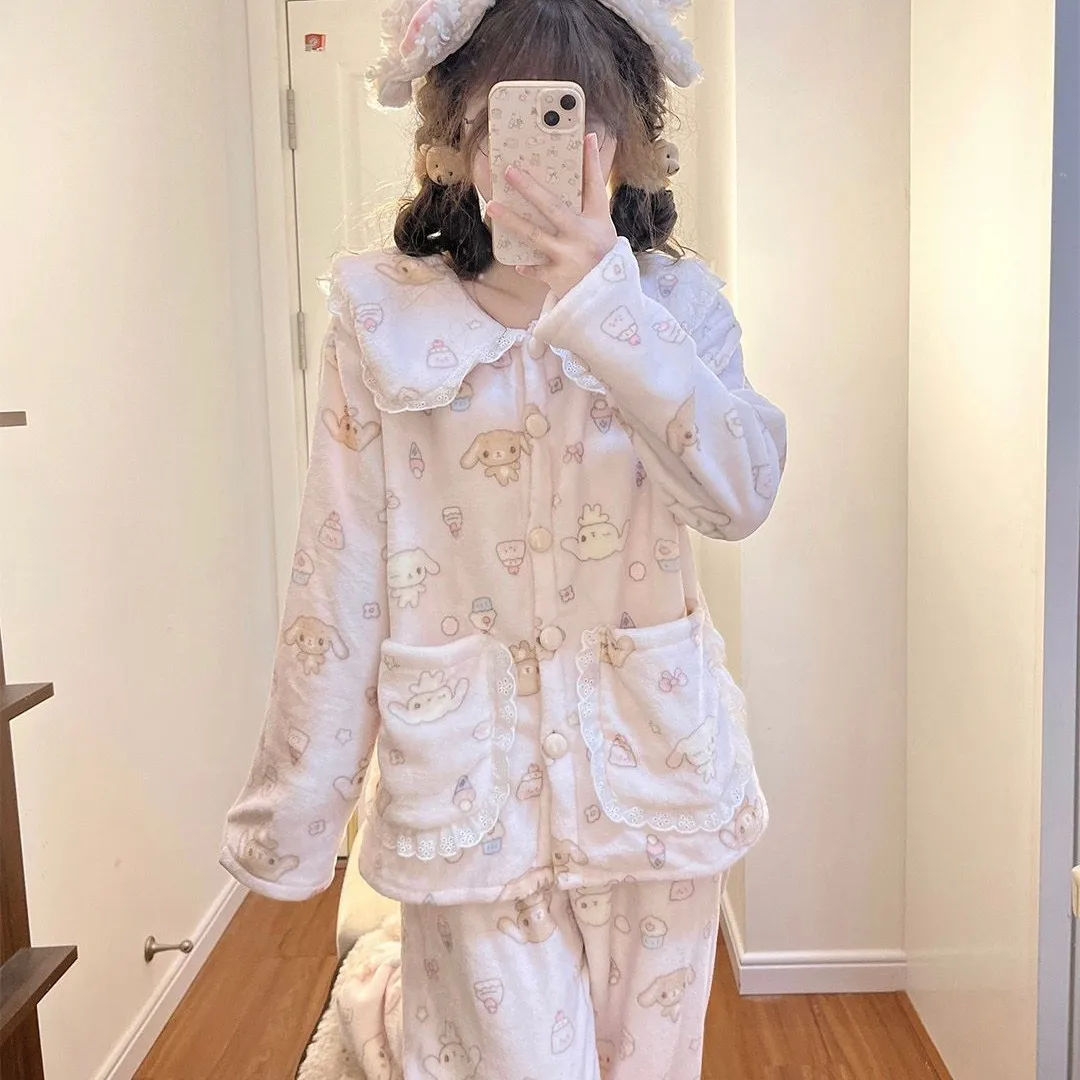 Cartoon Girls Bear Plush Nightwear Kawaii Rilakkuma Women Thickened Baby Collar Pajamas Set Winter Sweet Warm Flannel Homewear