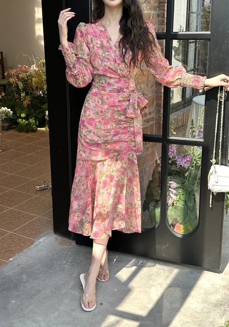 

Pop Women's Chiffon Dress Long Sleeve Printed Floral Pleated Casual Fishtail Beach Holiday Dress Spring Summer