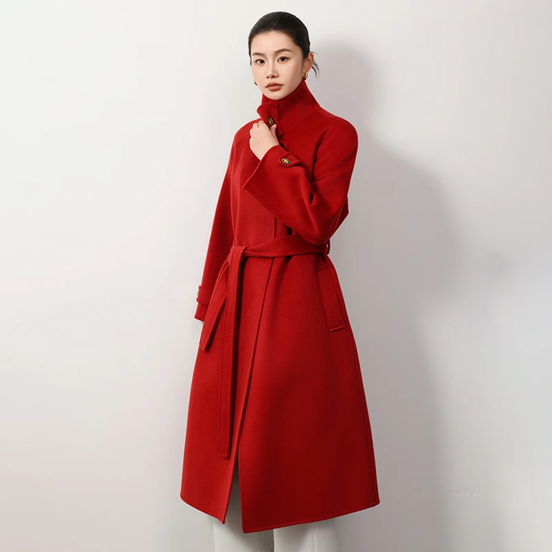

2025 High Collar Belted Women's Long Coat 100% Pure Wool Woolen Coat Autumn Winter New Style Turn-Down Collar Versatile Jacket