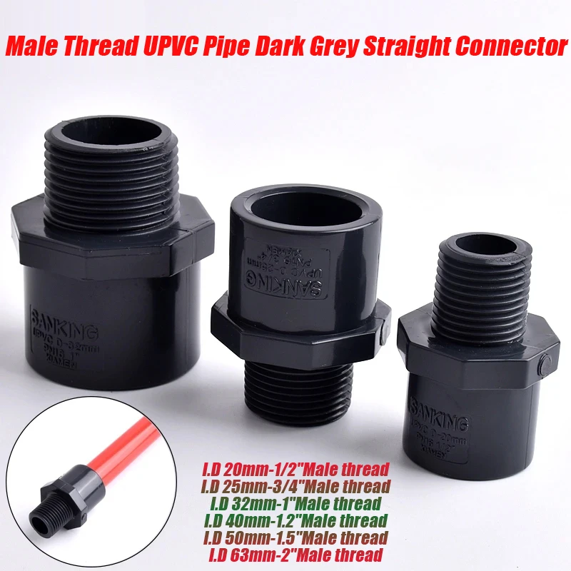 

UPVC Pipe Male Thread 1/2"~2" Dark Grey Straight Connector Aquarium Water Tank Pipe Quick Equal Joint Garden Irrigation Fittings