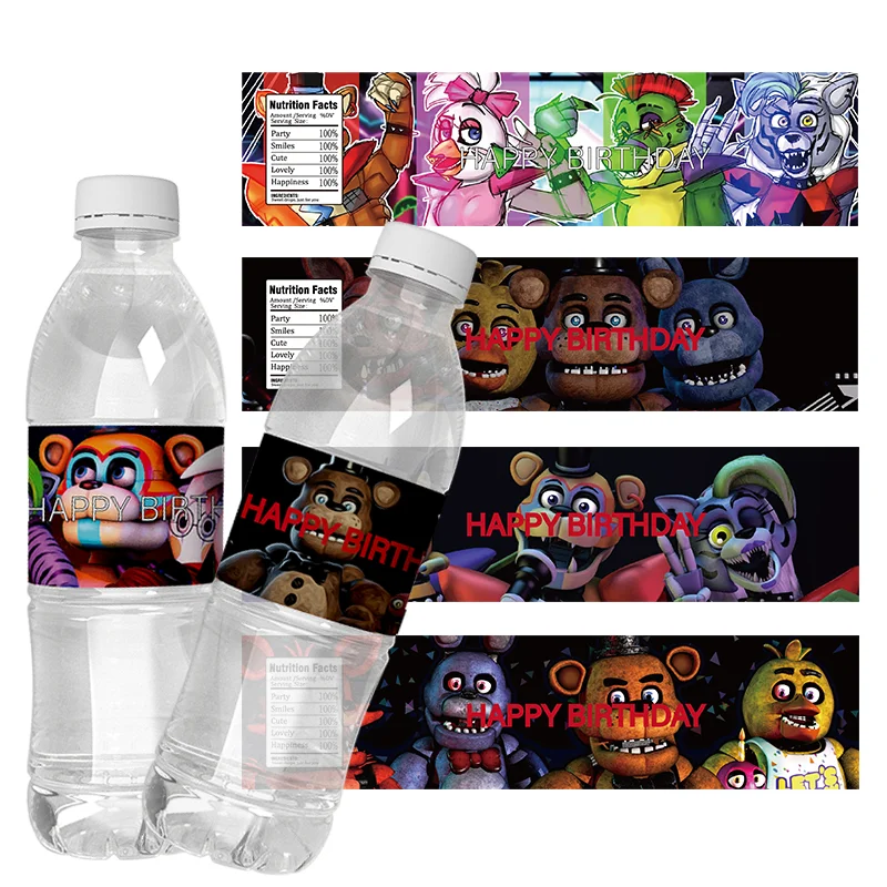 6pcs FNAF Water Bottle Label Birthday Party FNAF Freddy's Party Stickers Wraps Decoration Label self-adhesive Stickers