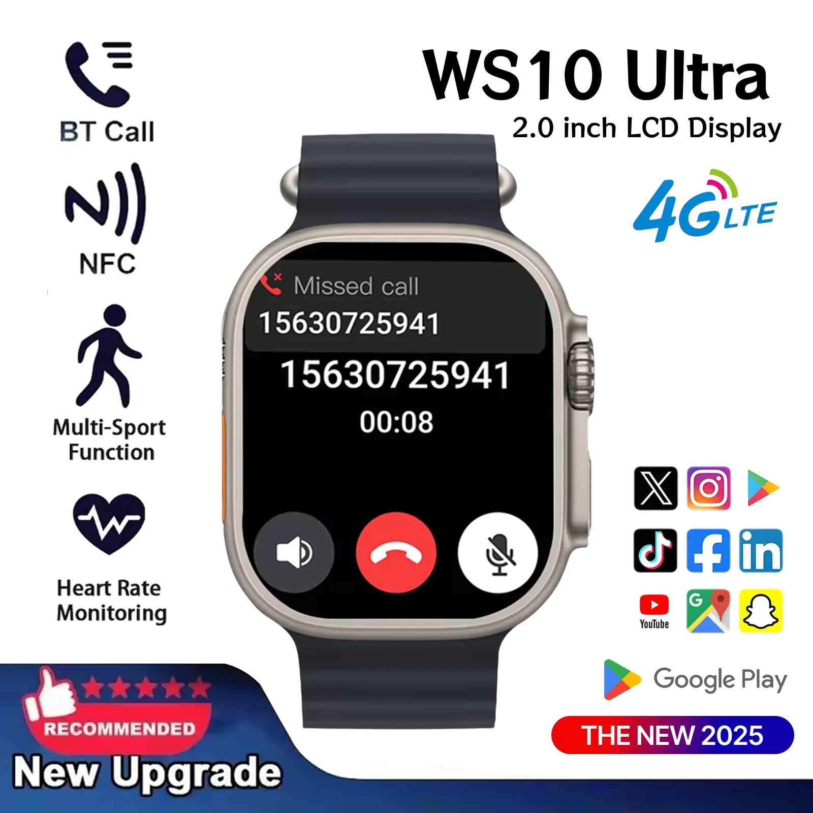 

Android Smartwatch WS10 Ultra 4G Сетевая SIM-карта 2,2-дюймовый Amoled GPS WIFI Global Call Смарт-часы для мужчин Ultra 5G