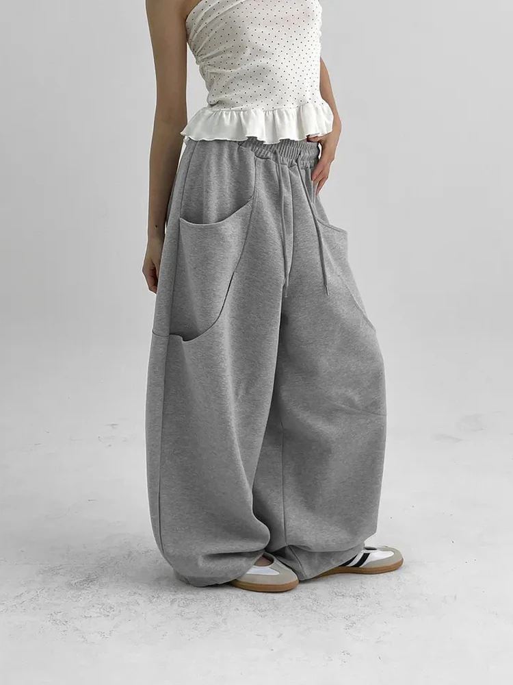 

Casual Wide Leg Pants with Big Pockets Personality Design Patchwork Elastic Waist Ladies Comfortable Long Trousers