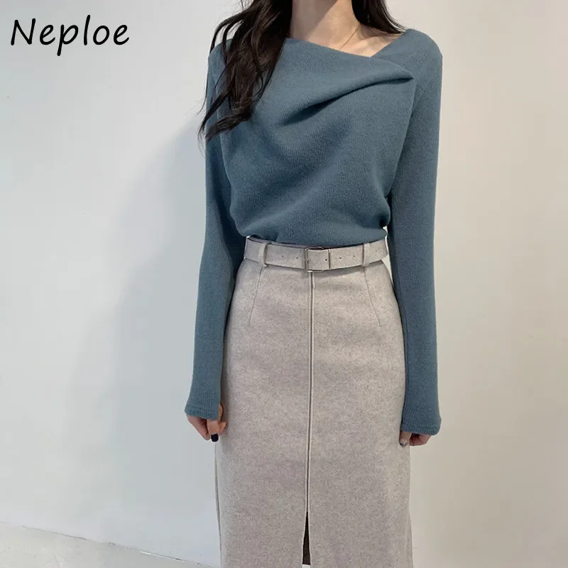 Neploe Skew Collar maglione lavorato a maglia irregolare donna Chic autunno inverno elegante pullover Femme tinta unita semplici top All-match