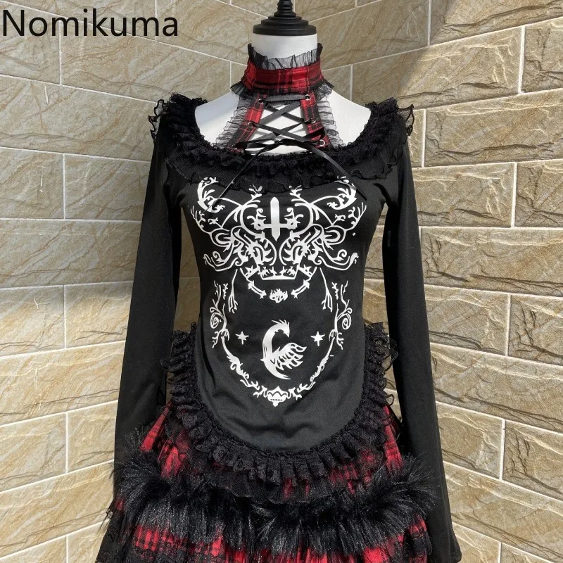 Japanese Gothic Woman Tshirts Y2k Tops Slim Waist Bandage Tees Patchwork Lace Print Long Sleeve Black T Shirt 2024 Ropa Mujer