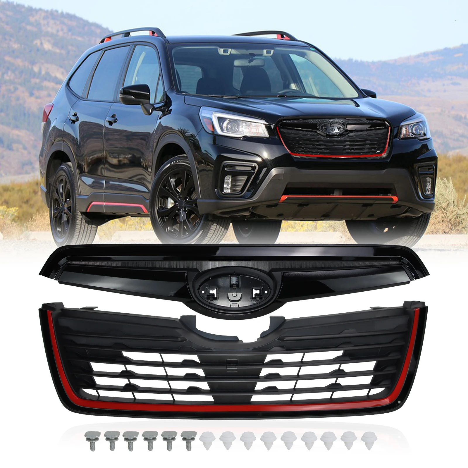 Front Grill for 2019-2021 Subaru Forester w/Camera Hole Gloss Black w/ Red Line