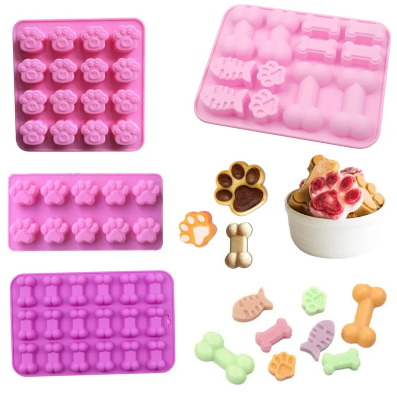 고양이 발 모양 실리콘 금형 DIY 애완 동물 냉동 식품 실리콘 금형 개 뼈 패턴 만화 초콜릿 치료 금형 베이킹 액세서리