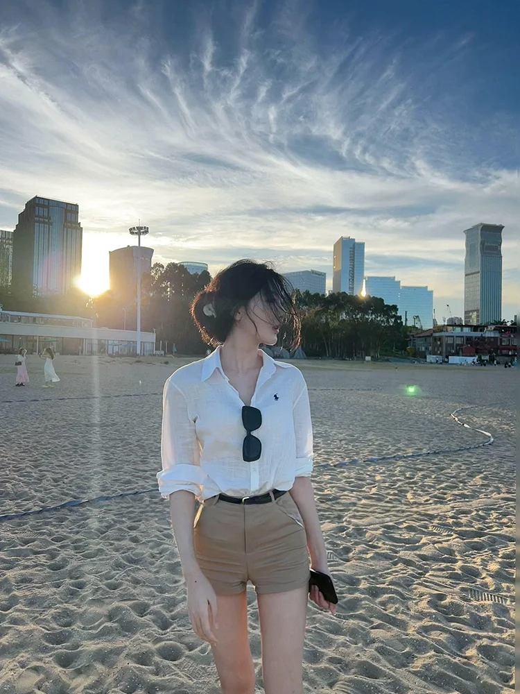 

Ladies Linen Shirt Long Sleeve Sun Protection White Cotton Blend Business Casual V Neck Straight Cut Fashionable Top
