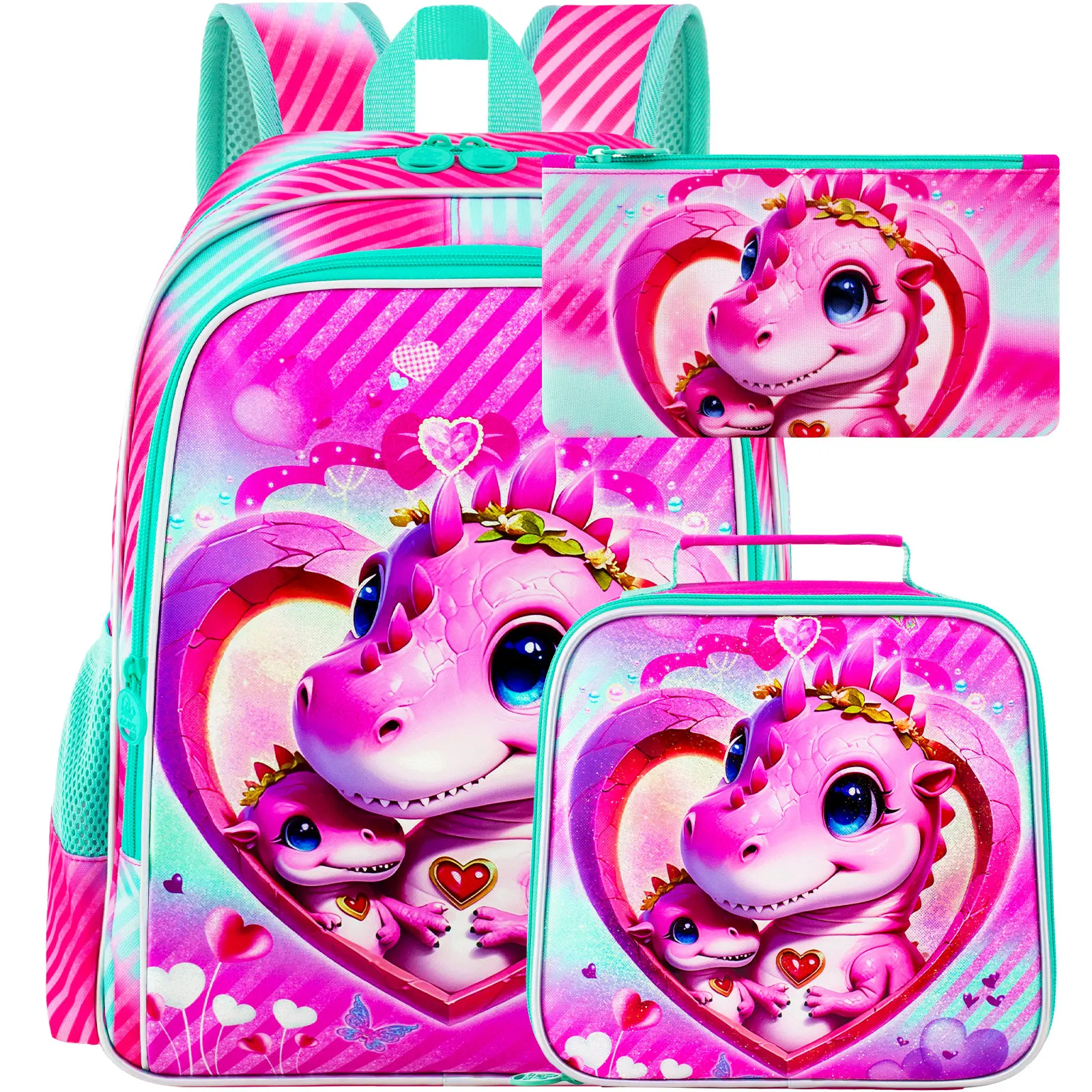 

3PCS Girls Backpack, Kids Water Resistant Heart Bookbag Set with Lunch Box, Cute Kids School Bag for Preschool Toddler