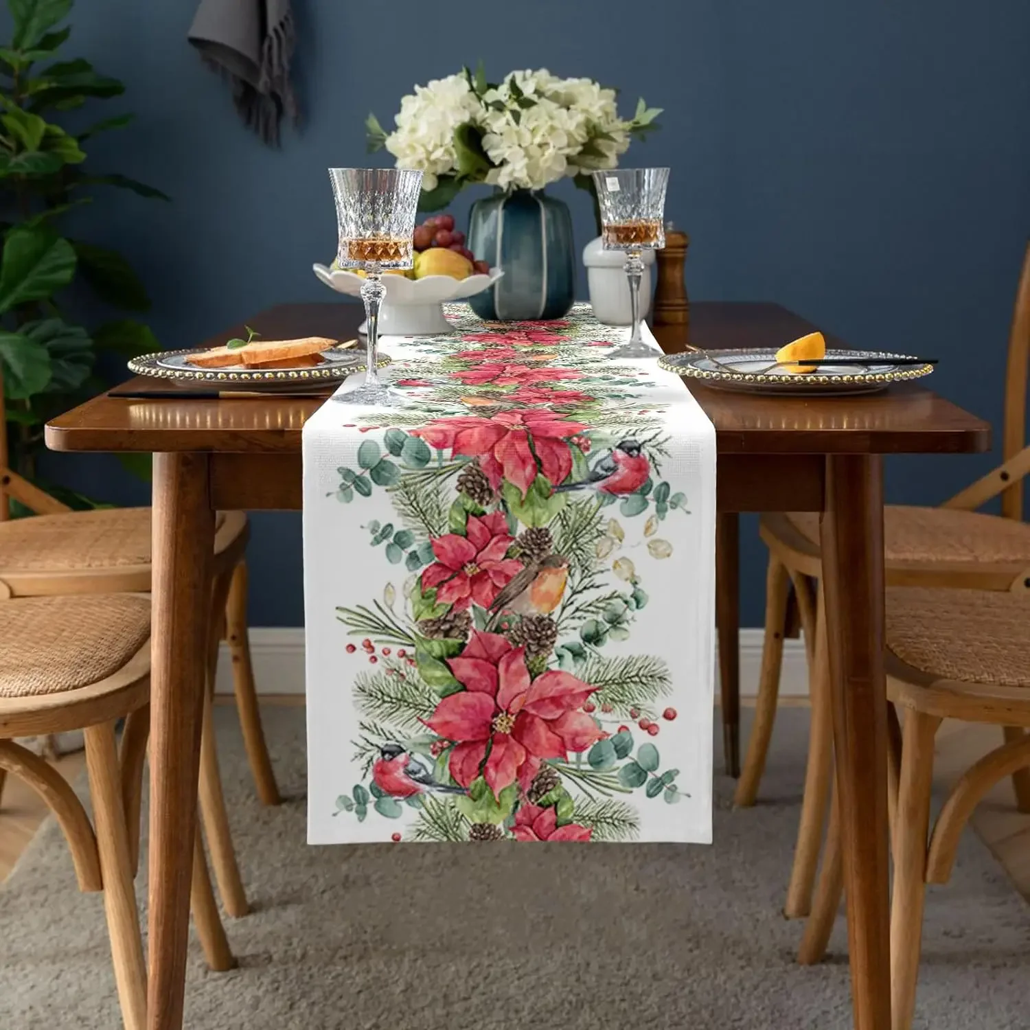 Christmas Poinsettia Bird Pine Cone Linen Table Runner Dresser Scarves Winter Xmas Kitchen Table Runner Christmas Decorations