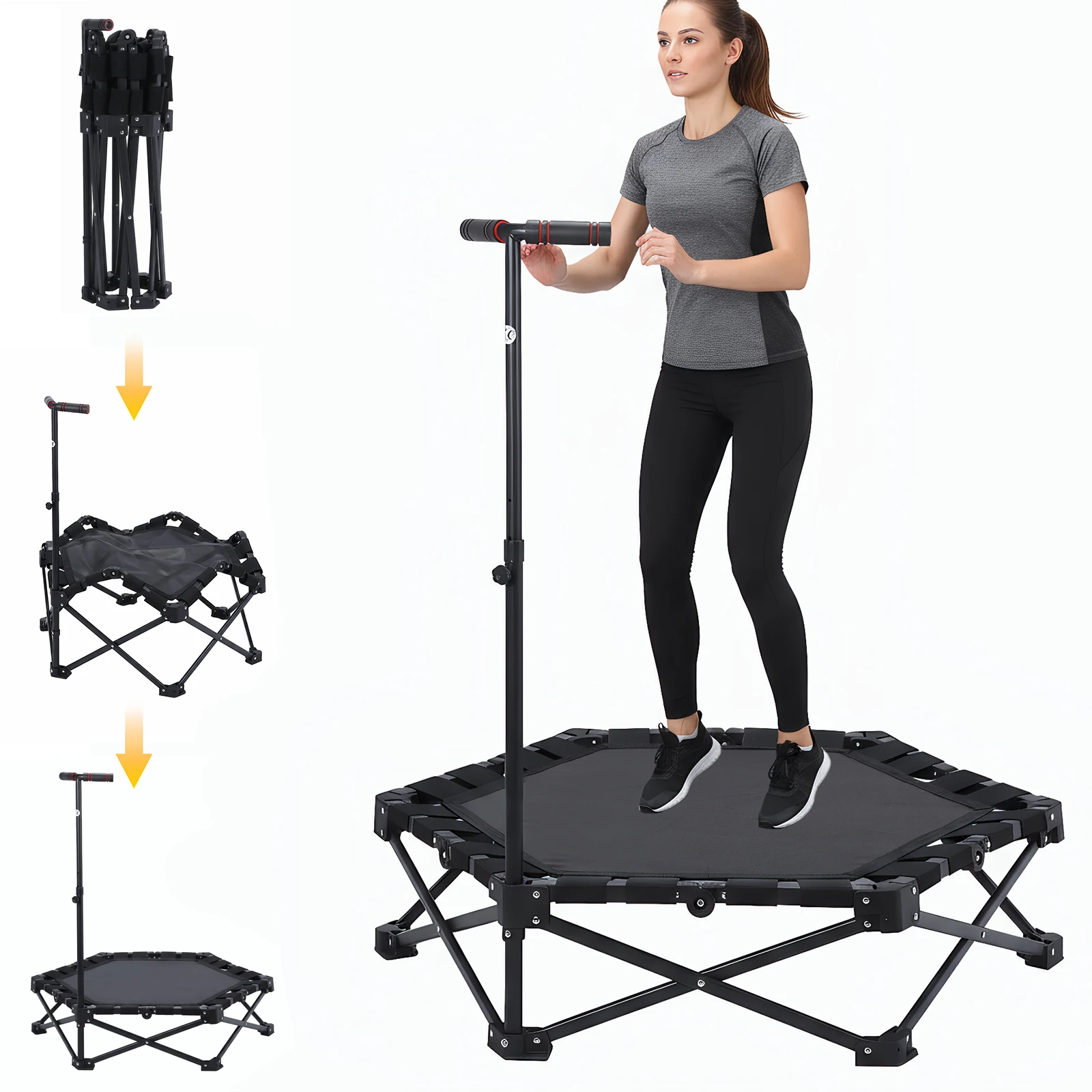 

42-дюймовый батут для дома, максимальная нагрузка 450 фунтов, компактный батут-тренажер с регулируемой Т-образной ручкой для дома, сада и спортзала