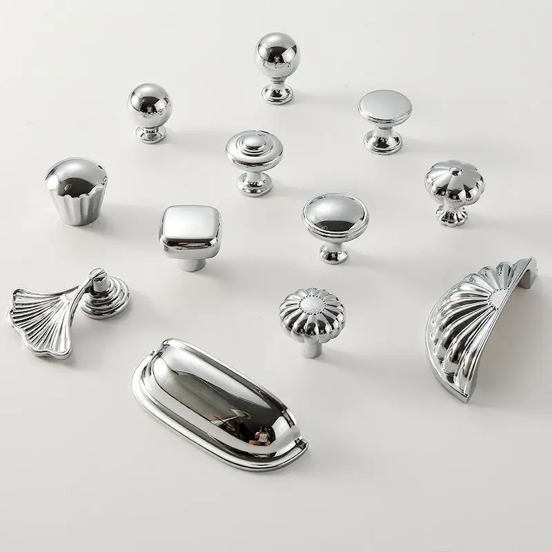 1Pcs Minimalist Bright Chrome Silver Drawer Single Hole Knob Zinc Alloy French Wardrobe Handle Light Luxury Solid Cabinet Pull