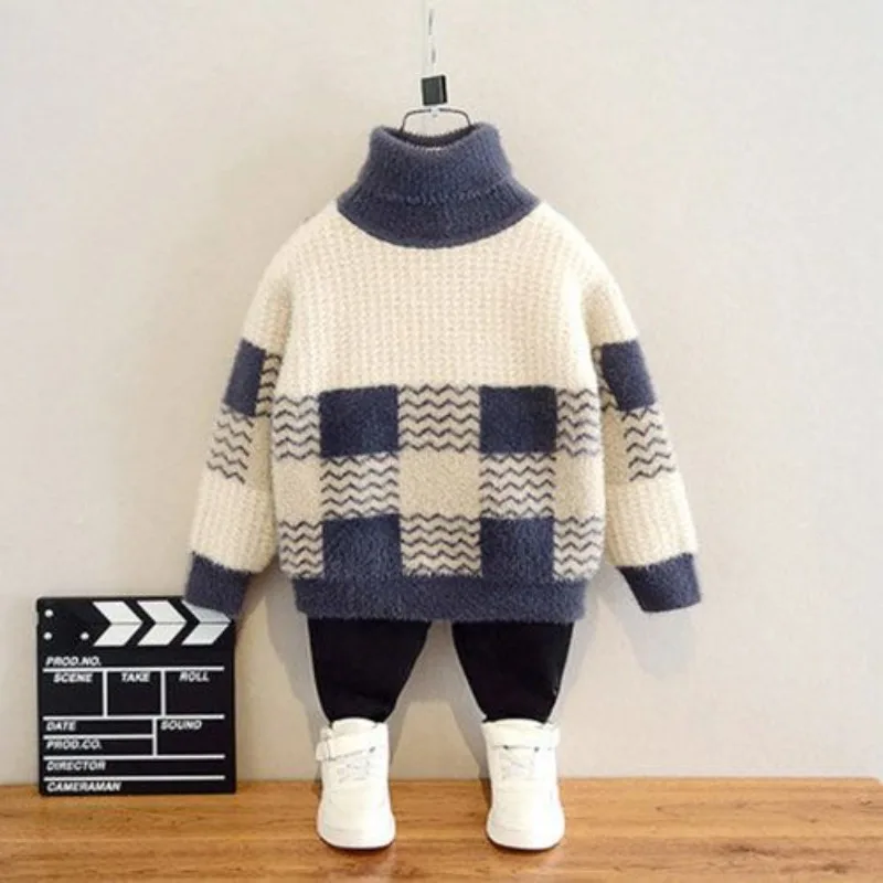 

Boys' Fleece-Lined Thickened Sweater 2025 Autumn Winter Kids' Base Layer Plaid Mink Fur Knit Pullover