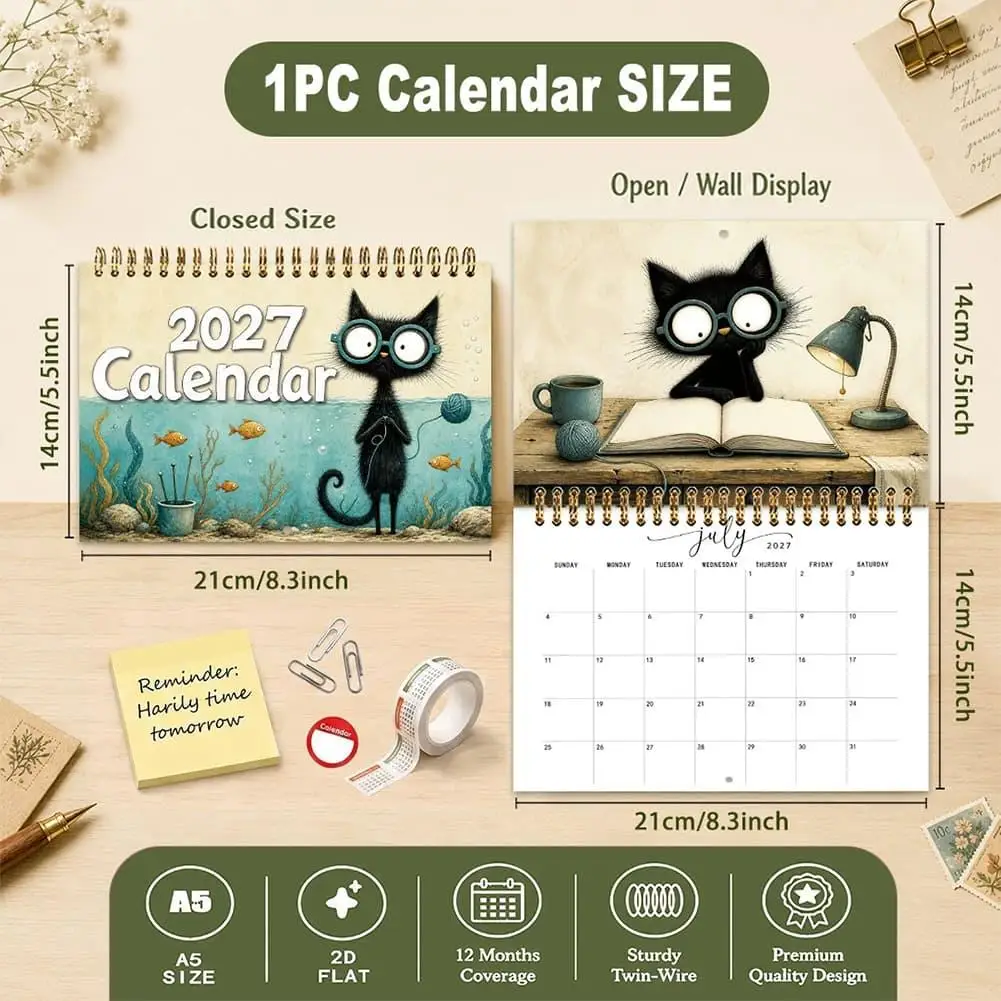 2027 Cat Theme Calendar Cute Cat 12-Month Funny Spiral Bound Home Decor Kitten Jan-Dec Desktop Wall Calendar For Daily Schedule