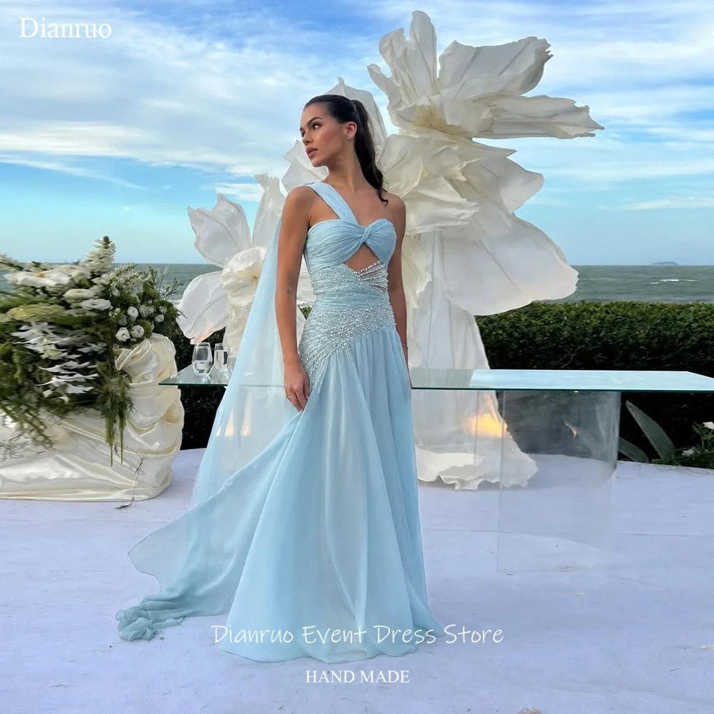 

Dianruo Sky Blue One Shoulder Evening Dress Sparkling Beaded Chiffon Party Gowns Waist Cutout A Line Celebrity Dress Customized