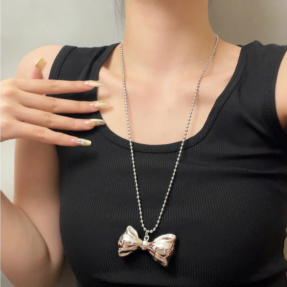 Minimalist Metal Bow Knot Heart Pendant Necklace Cool Style Long Neck Collarbone Chain