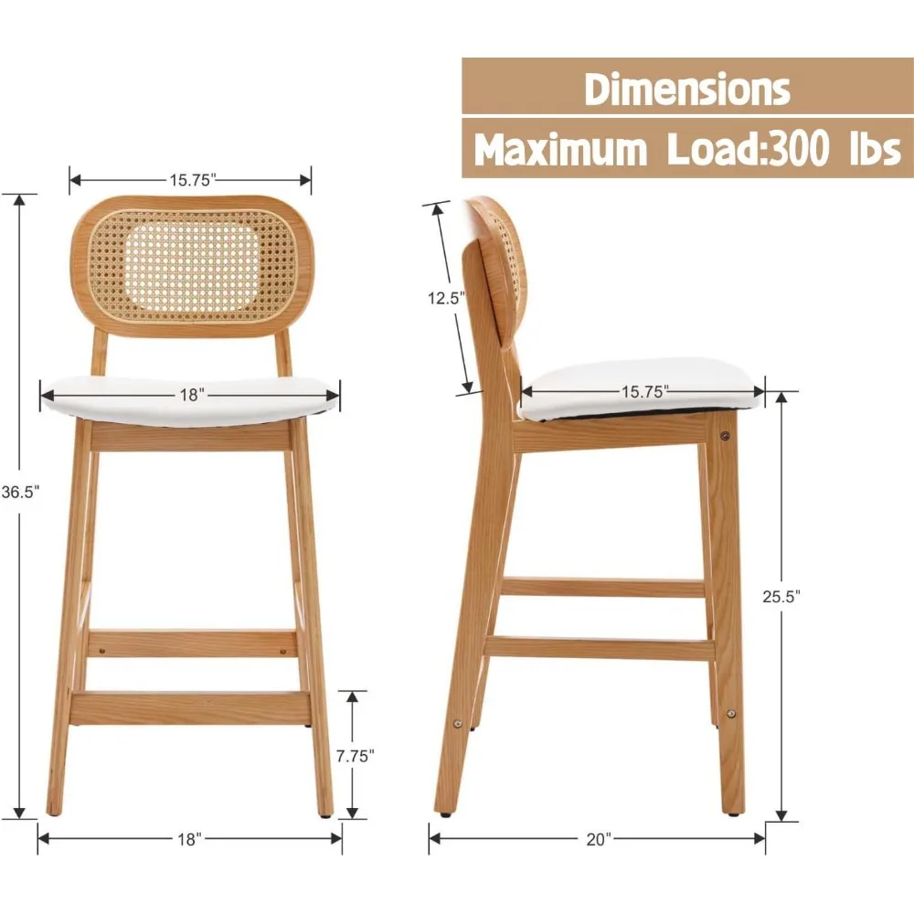 ty-Rattan Counter Height Bar Stools - Set of 2 Wood Farmhouse Barstools with Cane Back Faux Leather Kitchen Island，Customized-
