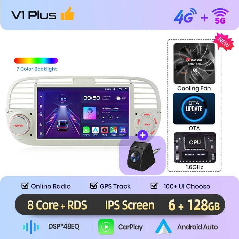 Junsun 7 inch draadloze CarPlay Android Auto autoradio voor Fiat 500 500C Abarth 2007-2015 Multimedia draadloze Apple CarPlay Smart Intelligent Systems IPS touchscreen stereo videospeler 2 Din