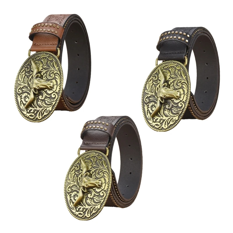 

Universal PU Waist Belt with Relief Head Buckle Embossed Pattern Belt Coat Jeans Male Waistband