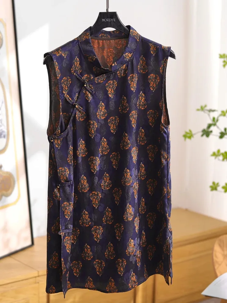 

Элегантные шелковые рубашки, женская миди-рубашка без рукавов, прямой крой, с цветочной вышивкой, тонкая летняя рубашка в китайском стиле, высококачественная.