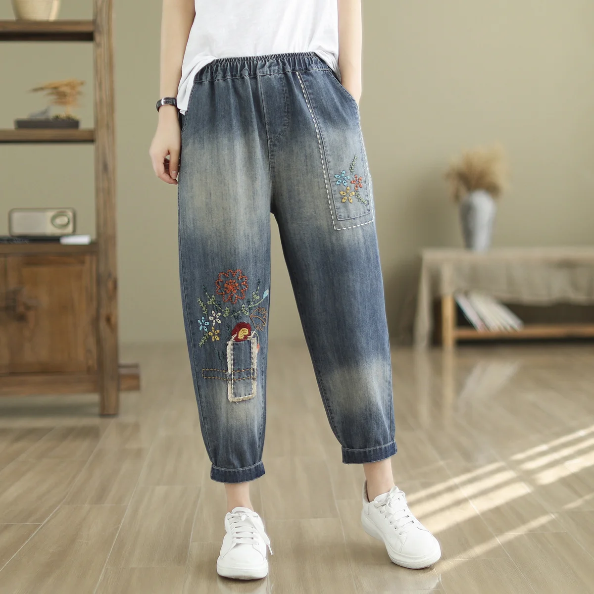 

Mori kei clothing vintage elastic waist flowers embroidery denim harem pants women 2024 original design jeans trousers