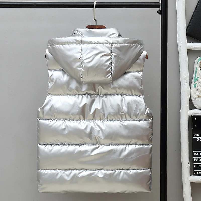 Giacca senza maniche imbottita da uomo Gilet invernale in cotone termico addensato caldo lucido foderato in pile streetwear stile coreano casual