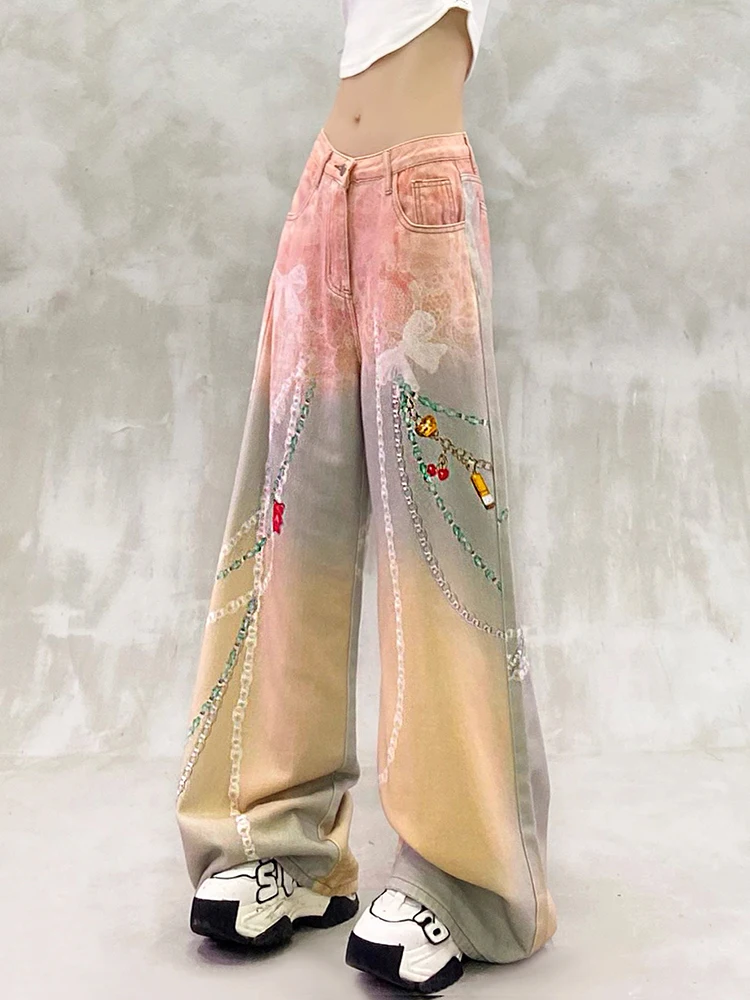 

Y2K Color Printed Denim Pants Women Wide Leg Jeans Spring Autumn New Fashion Spice Girls Loose Chic Trousers