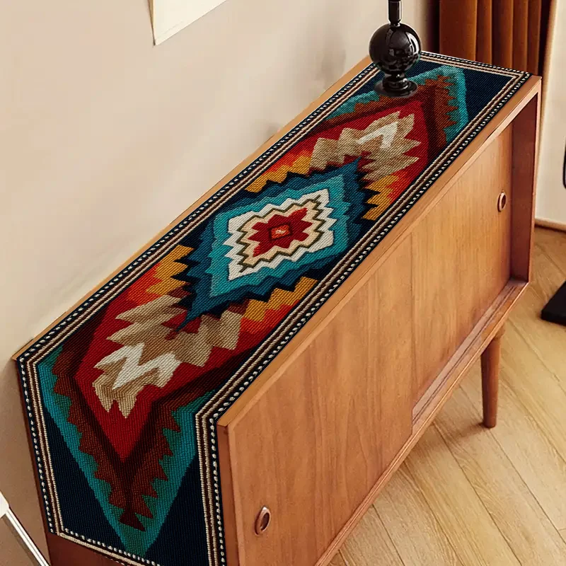 Birthday, Wedding, Anniversary Table Runner, Table Cover, Geometric Pattern Design With Southwestern Elements, Multicolor Tone,