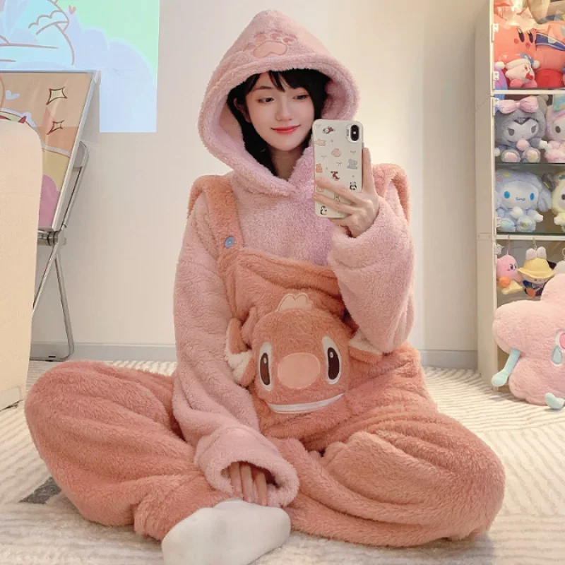 Cartoon Disney Pajamas Winter Coral Fleece Hooded Plush Two-piece Set Kulomie Loungewear Women\'s Pajamas New Melody Clothing