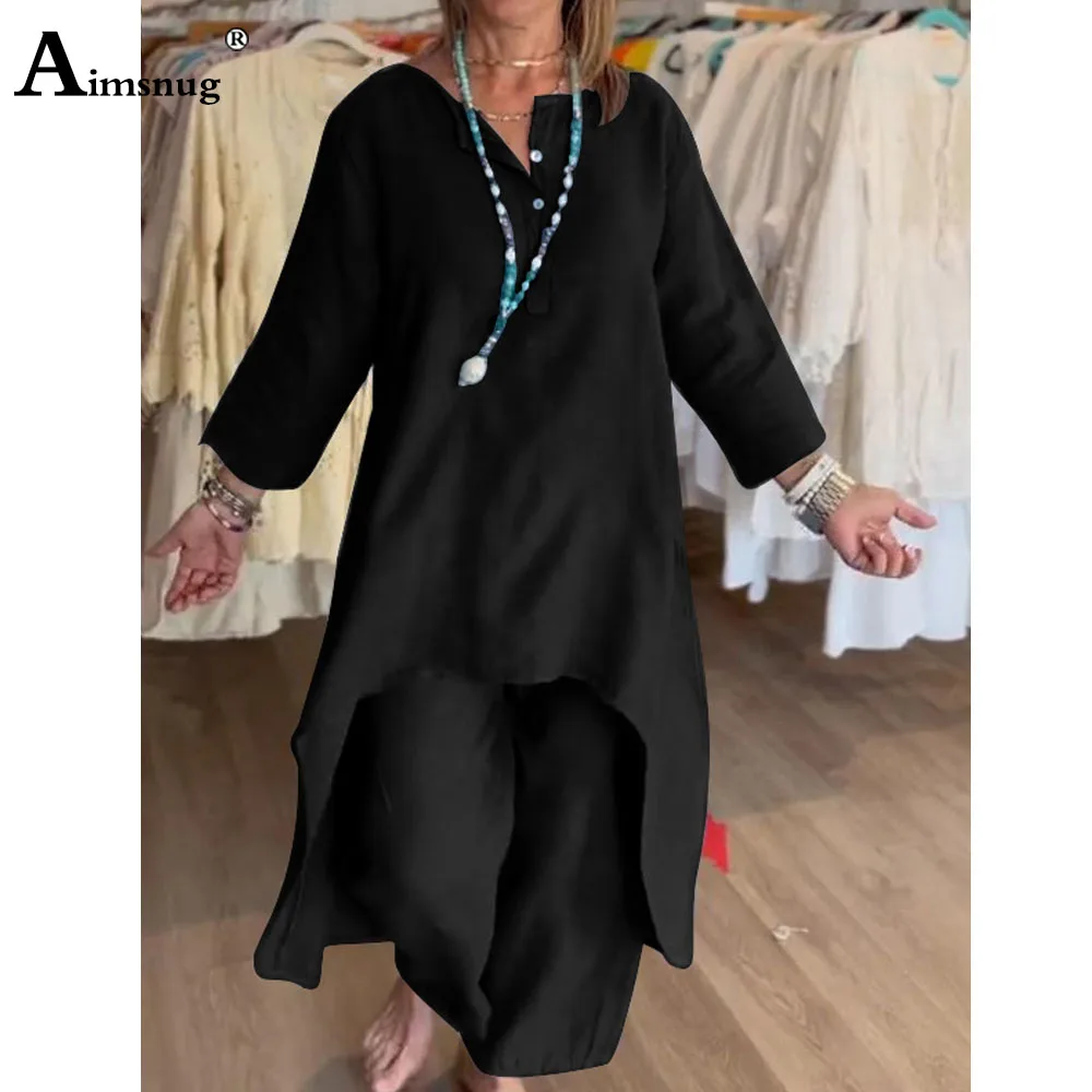 Plus Size Women Casual Linen Two Piece Sets 2024 New Summer Vintage Long Blouse and Wide Leg Pants Suits Female Tracksuits Set